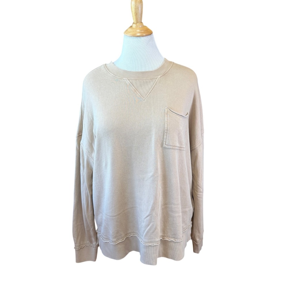Natural Reflections Boho Slouchy Oversized Beige Sweatshirt with Pocket Large